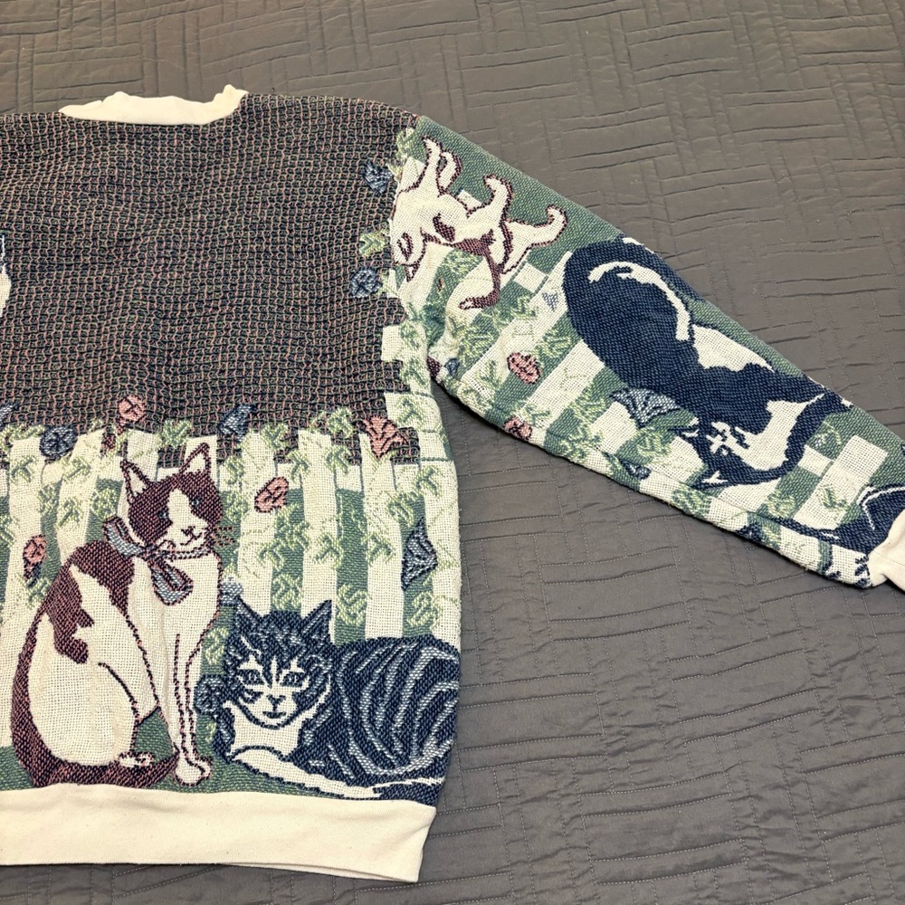 VINTAGE Sugar Street Weavers Sweatshirt Cat Tapestry Crewneck Kitty Sweater - Picture 5 of 16